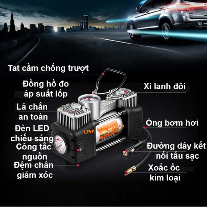 Máy Bơm Lốp Ô Tô 2 Xi Lanh 12V 23A Đồng Hồ Cơ Kèm Vali Dụng Cụ Chuyên Nghiệp