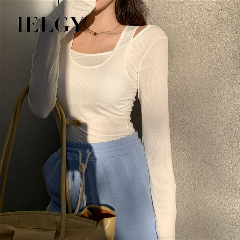 Áo thun IELGY tay dài màu trơn phong cách retro cho nữ
