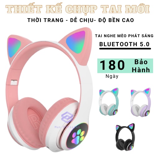 Tai Nghe Bluetooth Chụp Tai Mèo Phát Sáng Siêu Cute Có Mic GAMING Có Khe Cắm Thẻ Nhớ, Jack 3.5mm