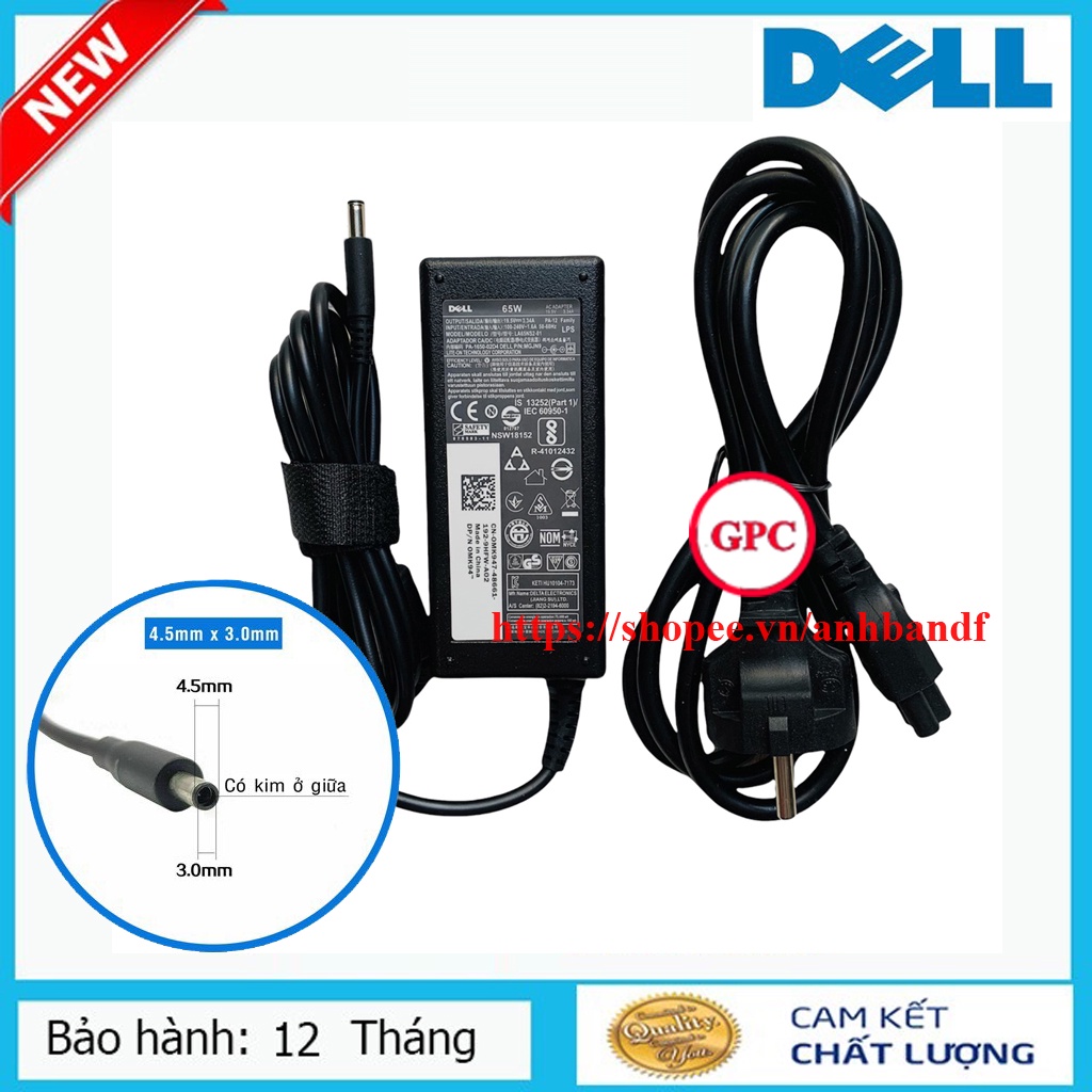 [SẠC ZIN] Sạc laptop dell 3,34 kim nhỏ 65W kích thước chân sạc Φ4.5×Φ3.0 | FREE SHIP ĐƠN TỪ 50K