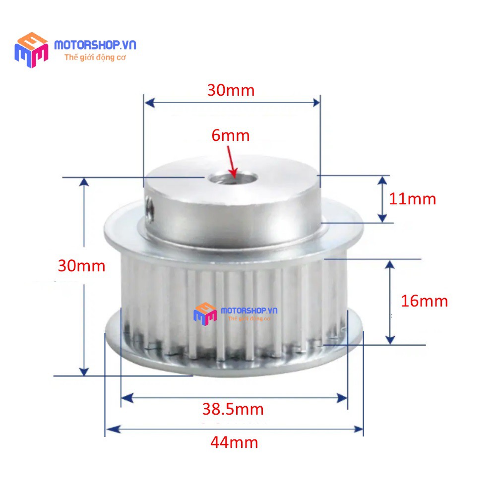 MTS Puly Bánh Răng Nhôm 5M 25 Răng Bản 16mm Trục 6mm và 10mm