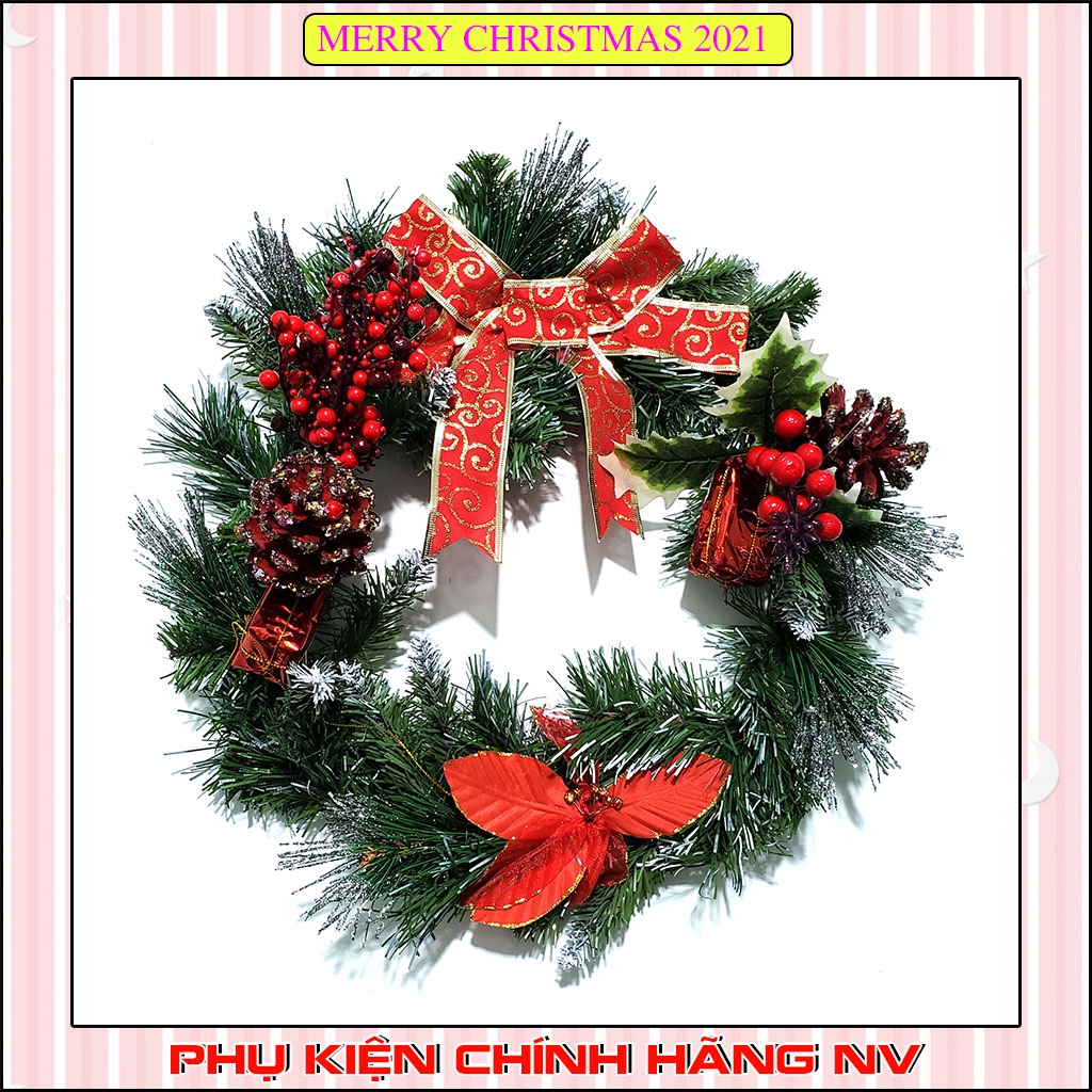 Vòng nguyệt quế giáng sinh treo cửa trang trí noel Gắn Trái Thông 4 Loại Lá hàng Việt Nam chất lượng cao