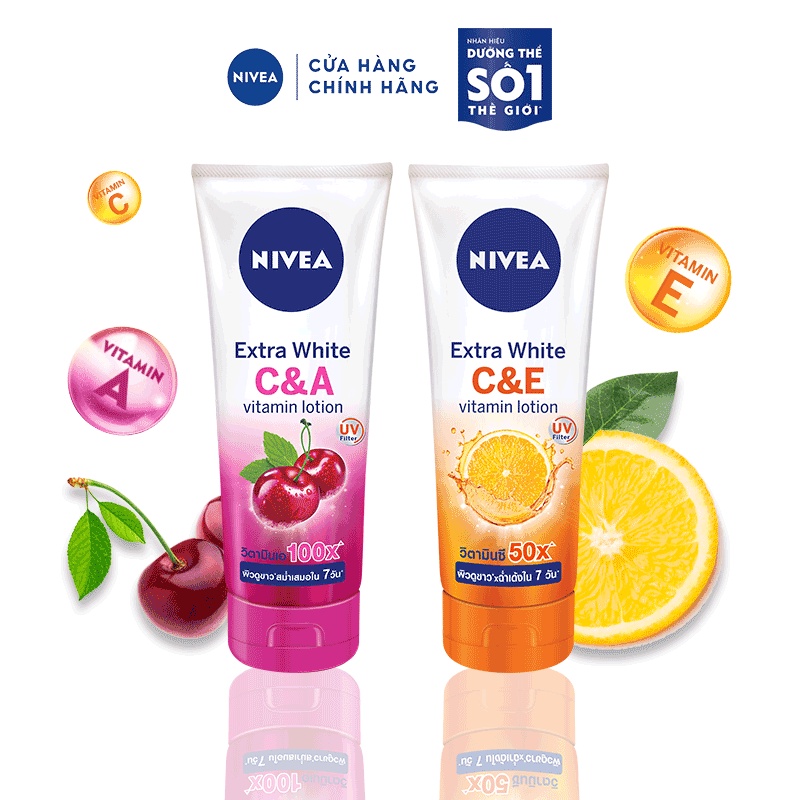 Bộ đôi dưỡng thể NIVEA VITAMIN C&amp;E và C&amp;A sáng da mờ đốm nâu sau 7 ngày -180ML