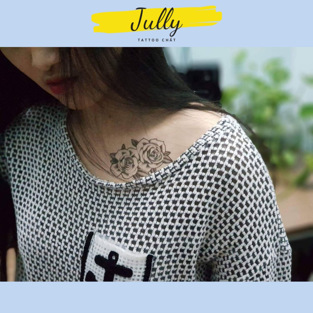 Hình xăm dán, xăm tạm thời hoa hồng đen 2 bông nghệ thuất cho cả nam và nữ JULLY Tattoo chất