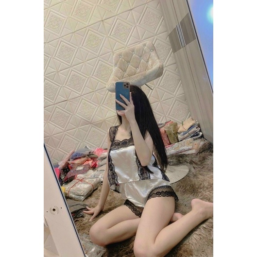🌸🌸 Sét đồ ngủ phi lụa phối ren đen dễ thương mặc nhà🌸🌸 | BigBuy360 - bigbuy360.vn