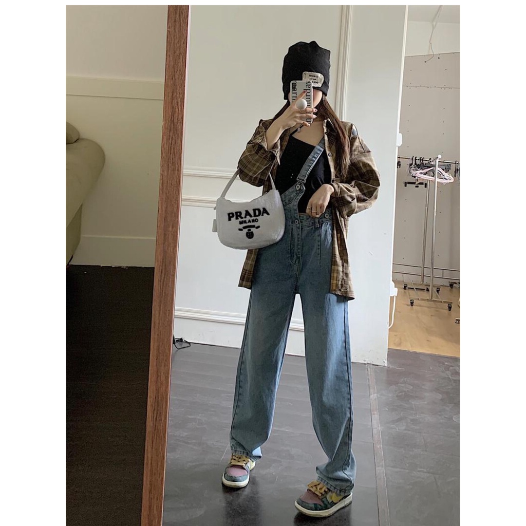 Quần Yếm Denim Ống Rộng Lưng Cao Thời Trang Cá Tính