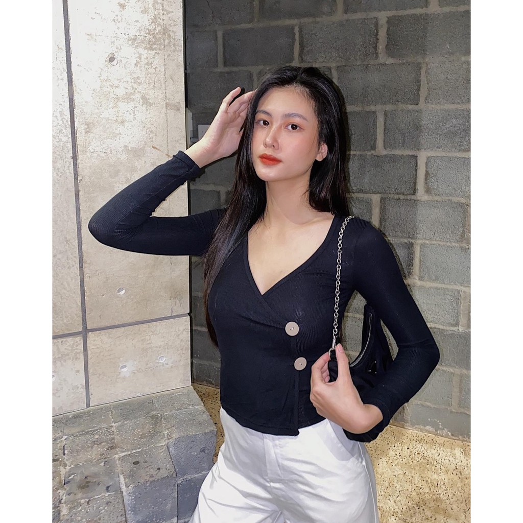 Áo croptop HHVINTAGE kiểu chéo, đắp nút