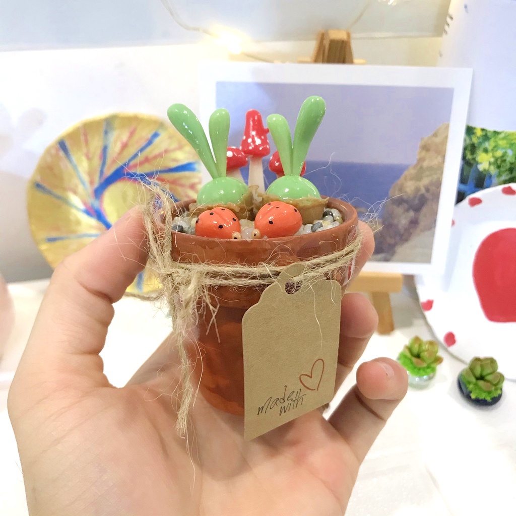 Chậu sen đá tai thỏ xanh size trung, sen đá làm từ đất sét