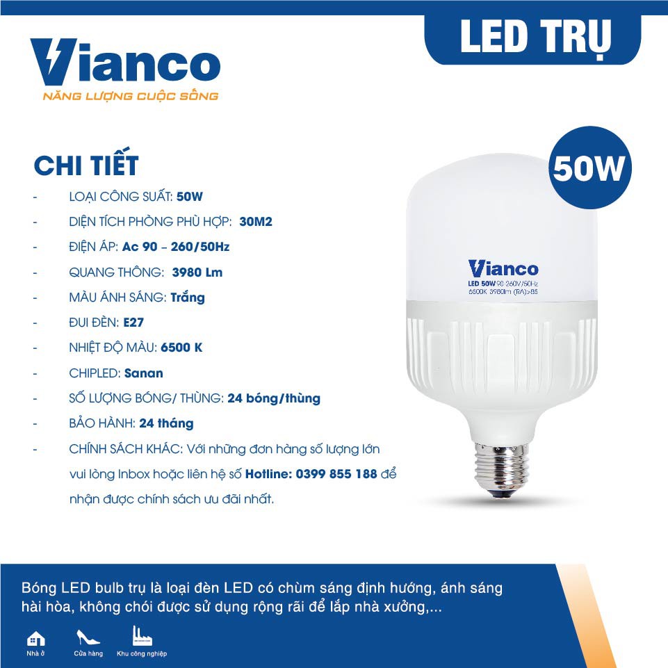 Bóng Đèn Led Trụ Nhựa VIANCO Siêu Tiết Kiệm Điện Năng, Led Trụ Có Chùm Sáng Định Hướng Công Suất Lớn