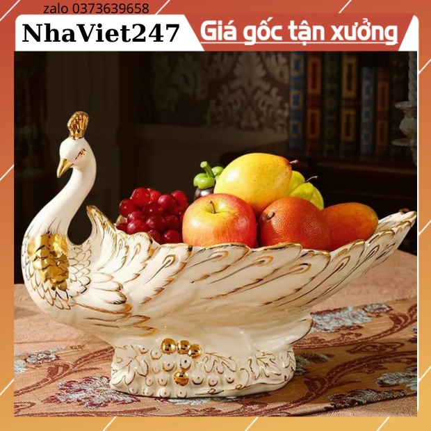 Khay Bánh Kẹo Hoa Qủa Hình Chim Công bằng Gốm Sứ vẽ vàng-Kt 38*22*28cm-Đĩa đựng hoa quả,trang trí bàn,kệ,tủ,quà tặng đẹp