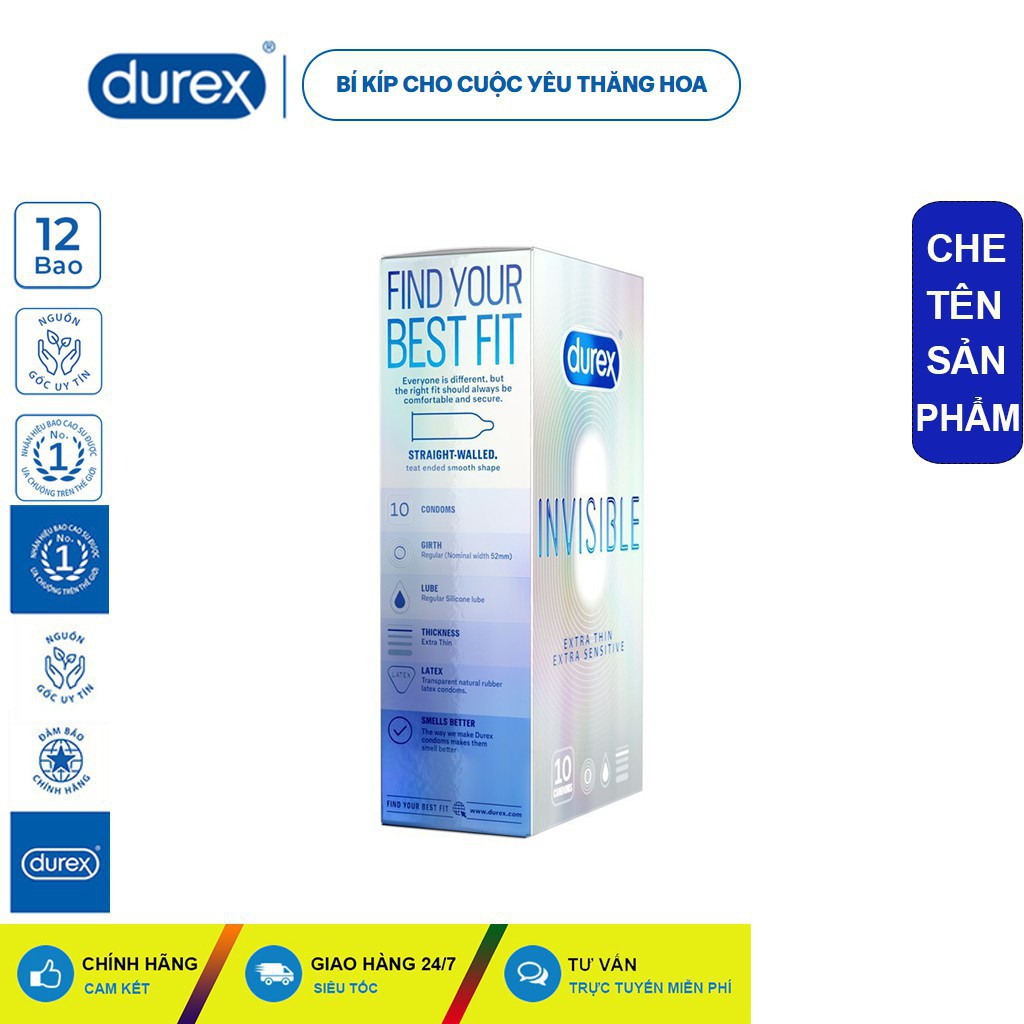 Bao cao su Durex Invisible Extra Thin siêu mỏng 10 bao + Tặng kèm hộp 3 bao Durex | Bao cao su siêu mỏng, tăng cường gel