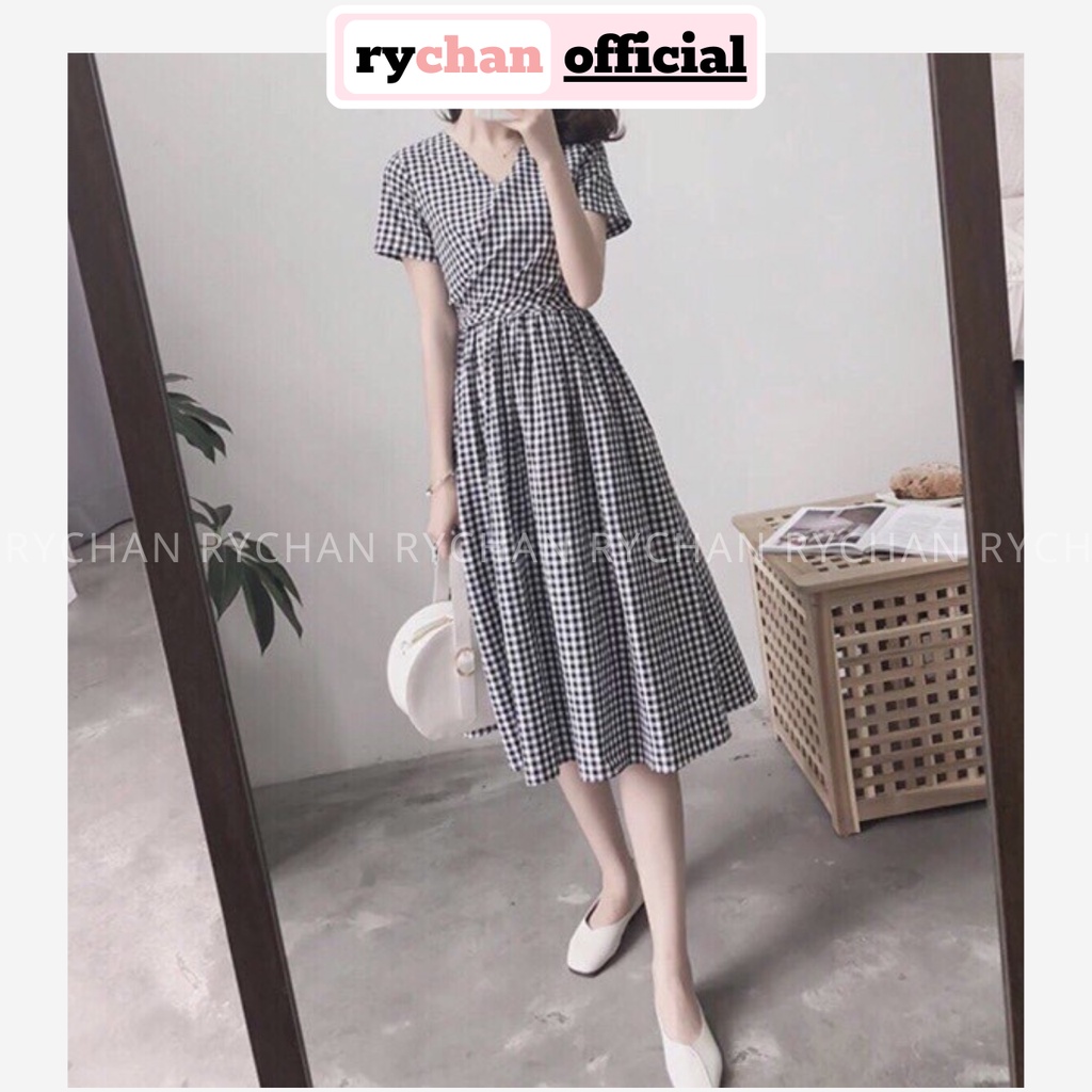 DX627 - Đầm Xòe Caro Đắp Chéo Cột Dây Sau