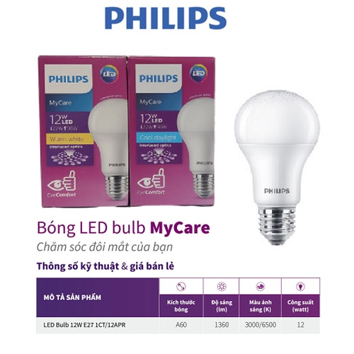 Bóng đèn Philips LEDBulb 12W E27 1CT/12APR- Ánh sáng trắng, Ánh sáng vàng