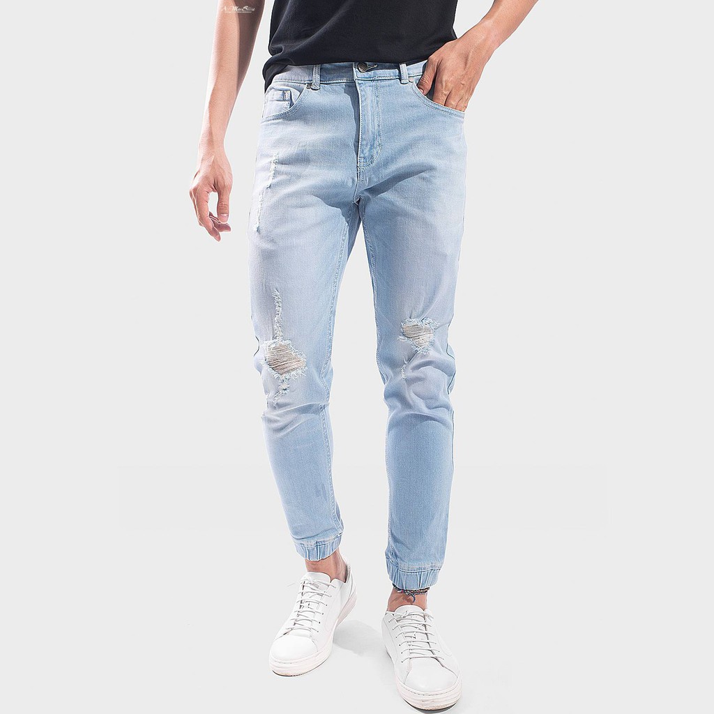 Quần jean nam jogger rách xanh nhạt Routine