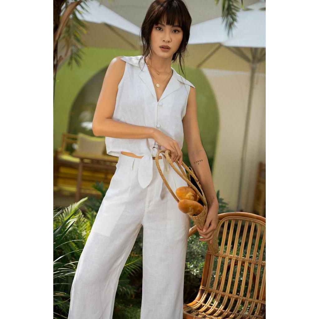 Áo sơ mi có cổ dáng crop nữ YV LE &amp; CO vải Linen màu trắng thanh lịch