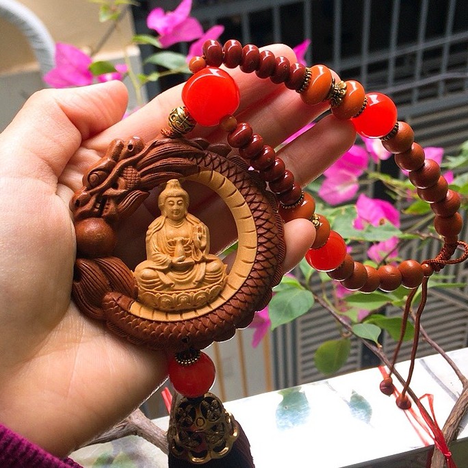 Khánh treo xe ô tô - Dây chuyền treo xe Phật bà quan thế âm, phật di lặc gỗ hoàng dương cao cấp