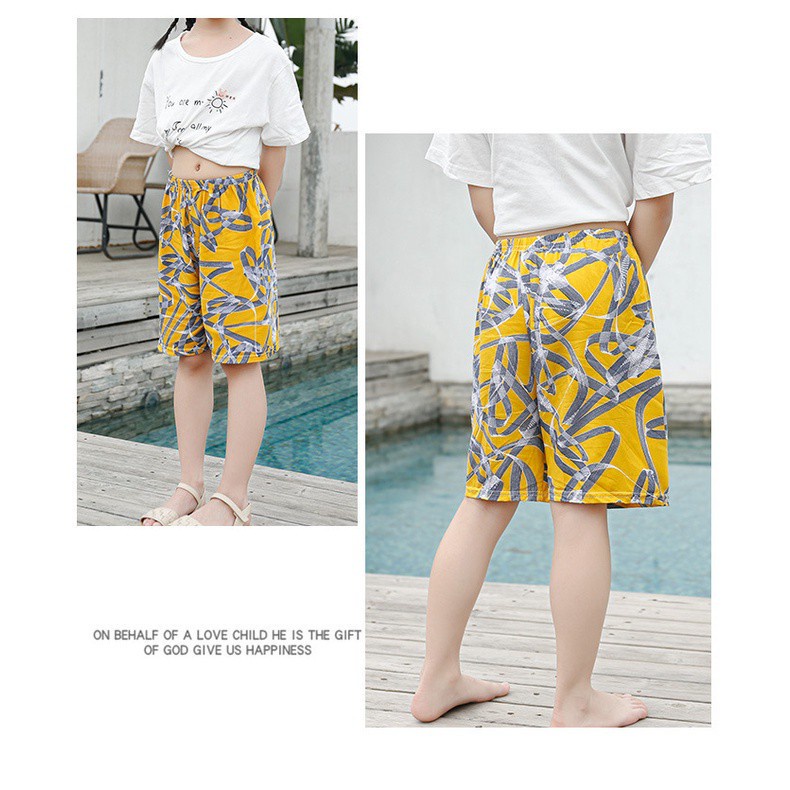 Quần short đi biển bằng cotton lụa mỏng ống rộng in hoa thời trang cho bé 90-150