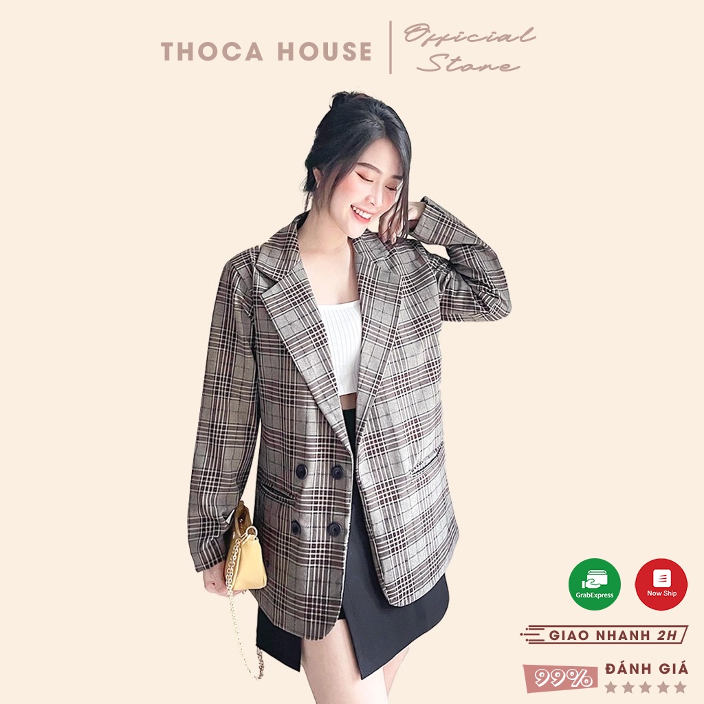 Vest nữ blazer túi mổ nút caro nâu THOCA HOUSE chuẩn form vải cao cấp, hàng may thiết kế