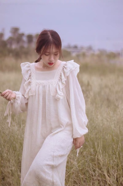 Váy babydoll đũi dáng dài phối bèo tay phồng thắt nơ ulzzang tiểu thư siêu xinh