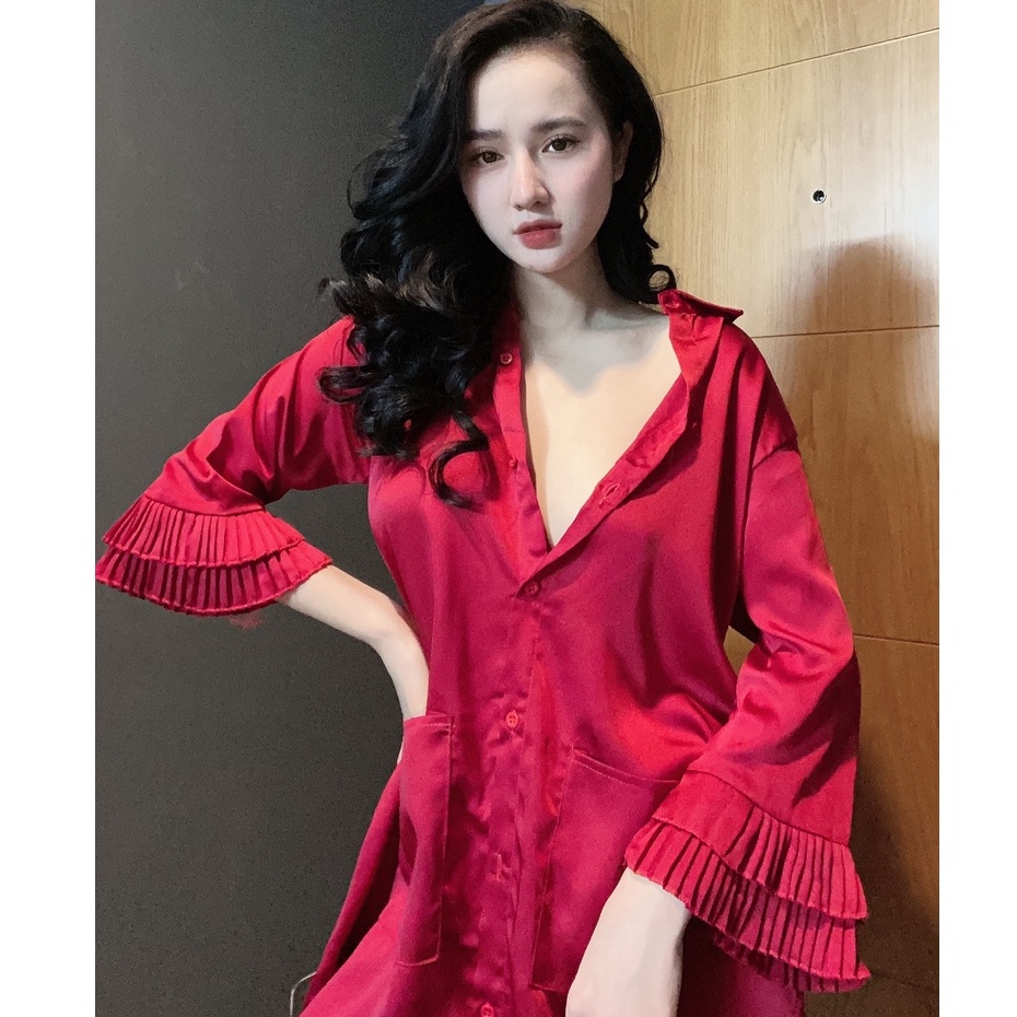 Đồ ngủ sexy / Đầm sơmi siêu gợi cảm - tay có phối dập ly, chất liệu SATIN cao cấp loại 1 mềm mịn mát, freesize dưới 65kg | BigBuy360 - bigbuy360.vn