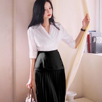 Set chân váy rập ly hai lớp và áo sơ mi vạt chéo COCOA, set đồ ulzzang công sở siêu đẹp SCV5