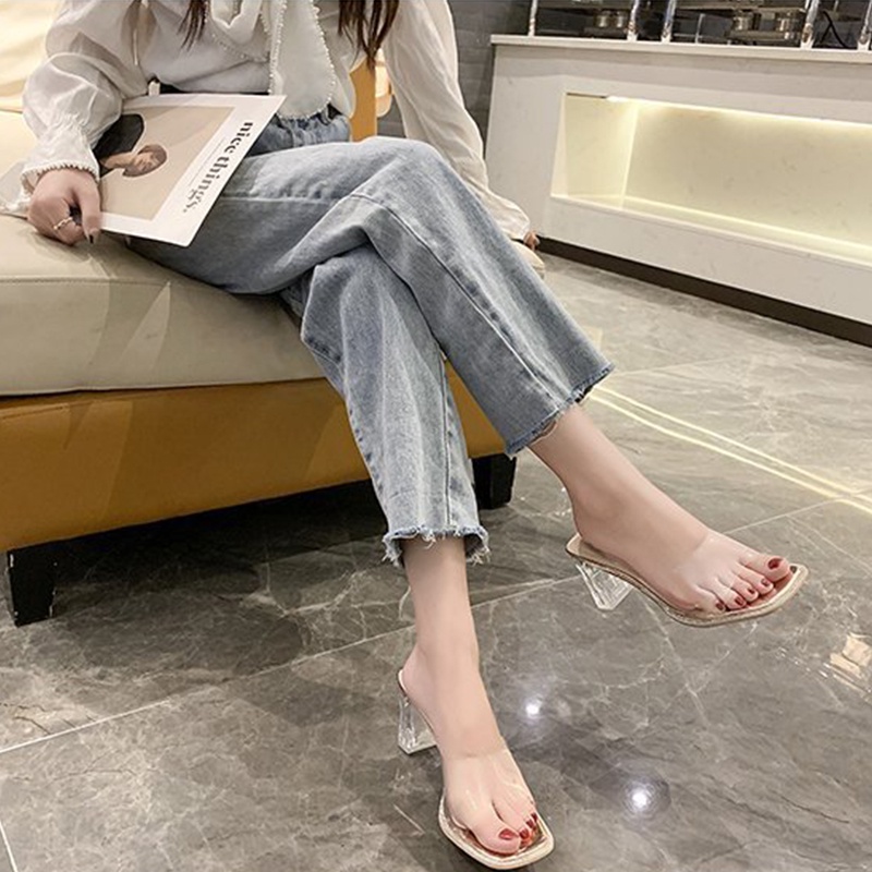 Big Size 35-42 Dép cao gót XIELUAIZTA mũi vuông quai trong suốt thời trang cho nữ