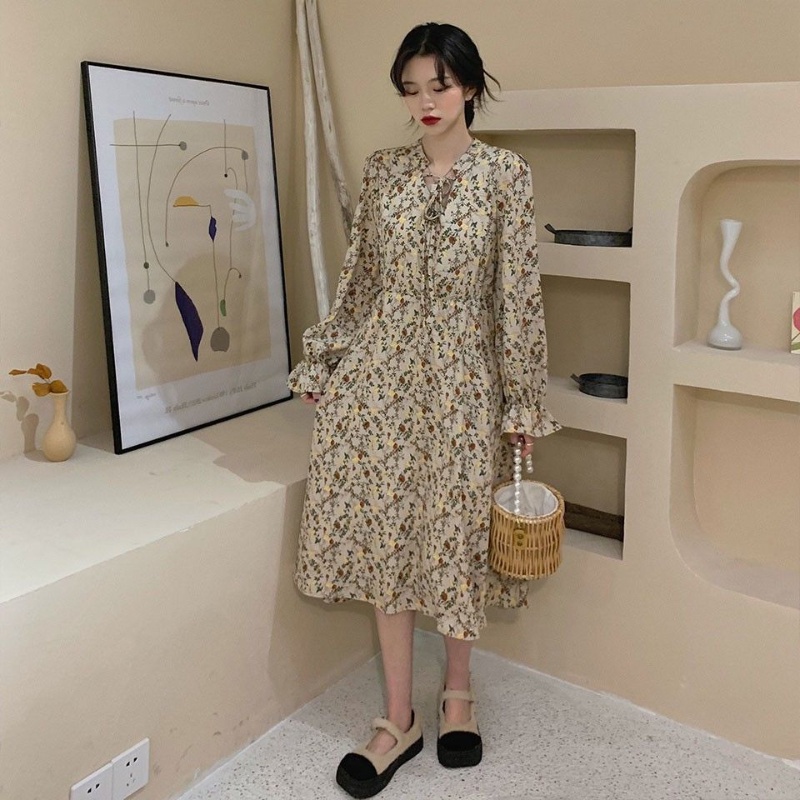 Đầm nữ in hoa tay dài thời trang retro phong cách Hàn Quốc