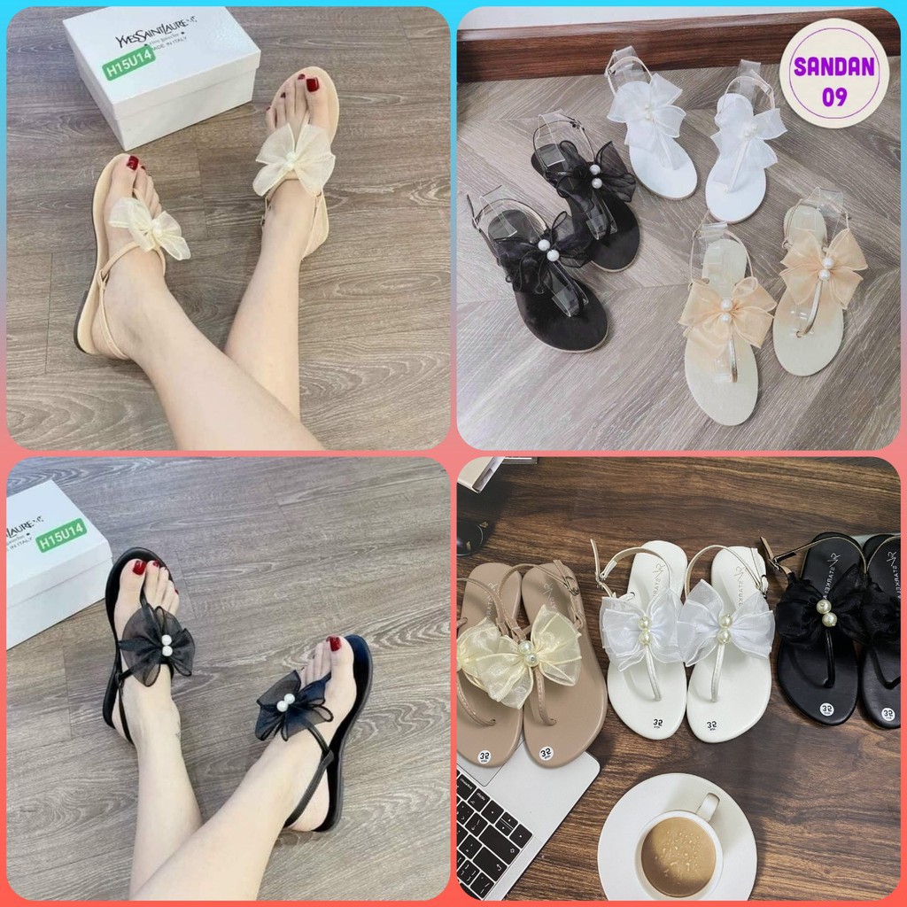 Sandal Sỏ Ngón Nữ Đính Nơ Ngọc- Sandal Xỏ Ngón Nơ- Xăng đan Kẹp Ngón Đính Ngọc Tiểu Thư Sang Chảnh- Sandal Xỏ Ngón Ngọc