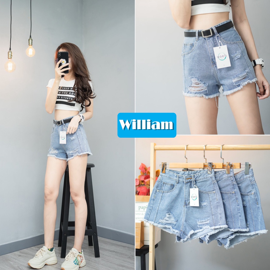 Quần short jean nữ lưng cao phối rách denim cotton, rin ngắn phối rách - AT73
