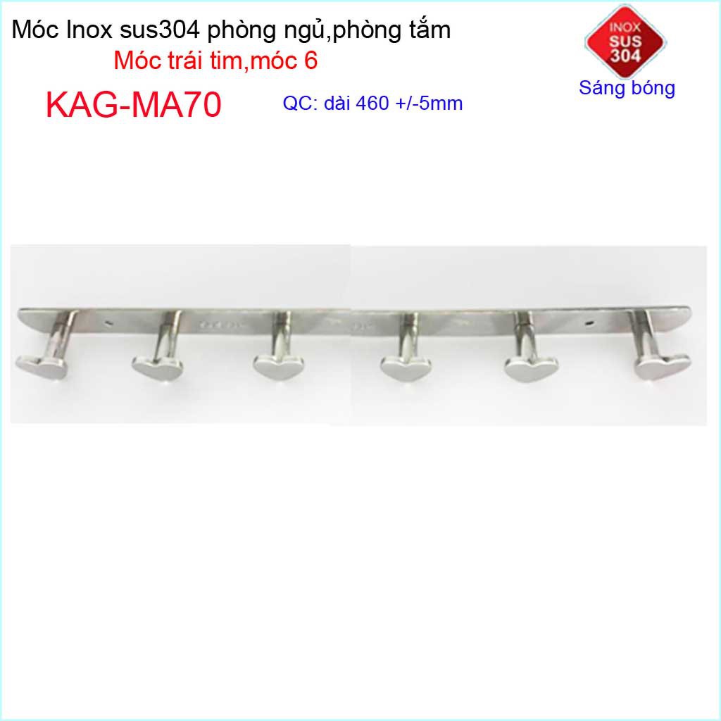 Móc treo quần áo inox 304 cao cấp dày, móc tim Kace 6 móc treo đồ nhà tắm KAG-MA70