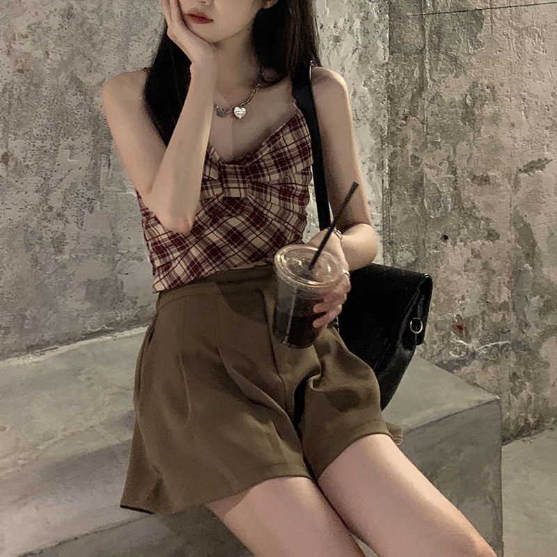 Jiashucheng Áo Croptop Hai Dây Xếp Ly Lưng Cao Thắt Nơ Họa Tiết Sọc Caro Thời Trang Mùa Hè