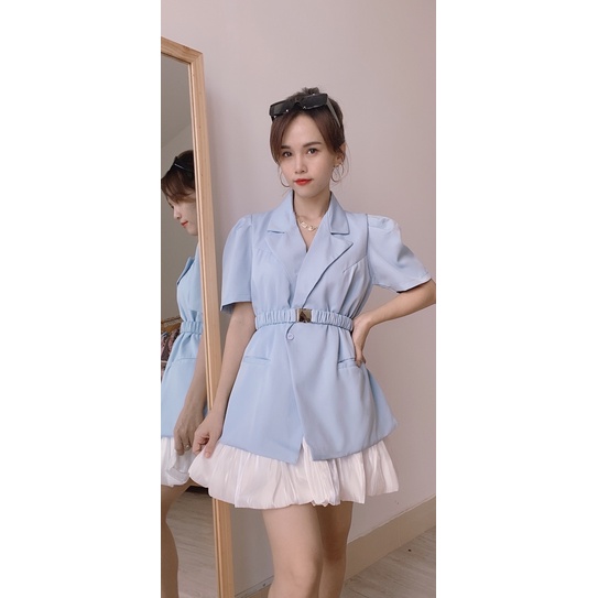 NS10 Set bộ vest xanh ngắn tay kèm belt thời trang phối chân váy voan tơ sang trọng.