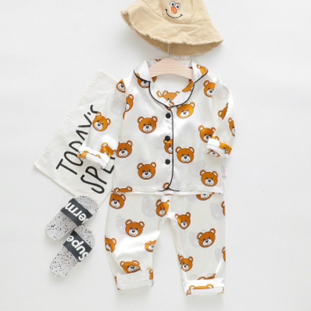 Đồ bộ ngủ cho bé gái trai in hình gấu, Bộ Đồ Ngủ Pijama Cho Bé Dài Tay Thoáng Mát Size Từ 7-28kg - TINY KIDS