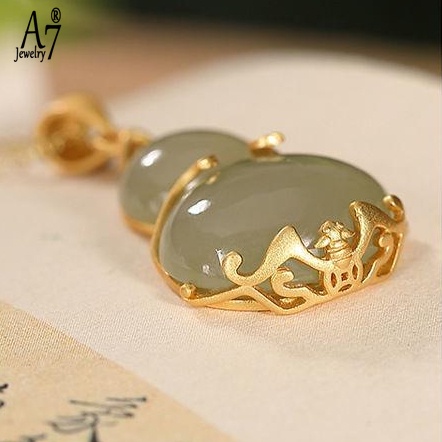 Vòng cổ Bạc S925 Mặt Ngọc Bích Xanh Lá Phong Cách Fu Lu Shou Khí Chất Cho Nữ