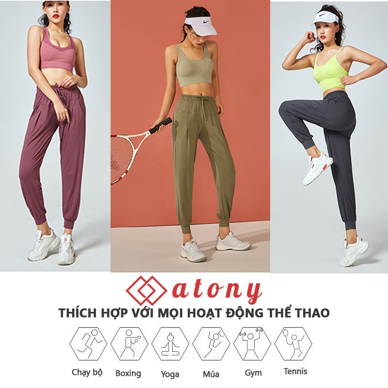 Quần Jogger thể thao, Quần Tập Gym Nữ ATONY Cao Cấp Lưng Thun, Có Dây Rút, Co Giãn 4 Chiều, Chất Đẹp