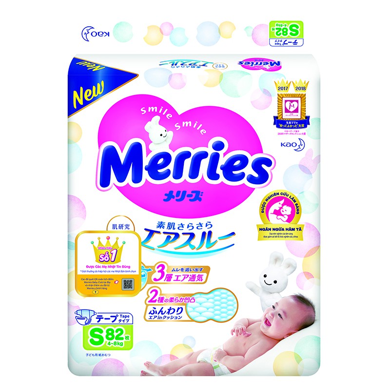 Tã dán Merries Nhật Bản size Newborn/S82/M64/L54/XL44 - 1 bịch