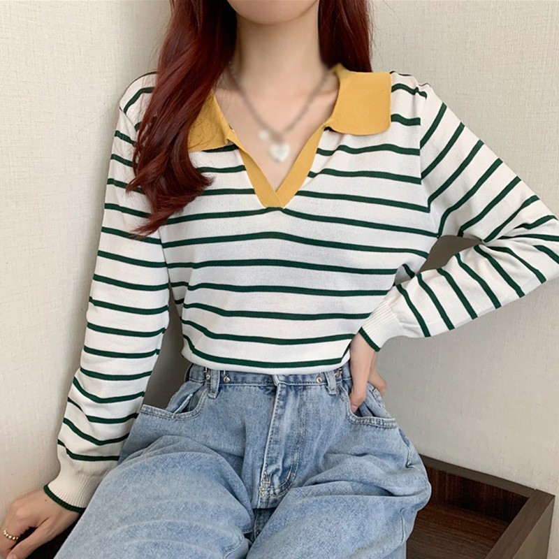 Áo Len Tay Dài Dáng Rộng Họa Tiết Kẻ Sọc Phong Cách Retro Thời Trang Mùa Hè Cho Nữ