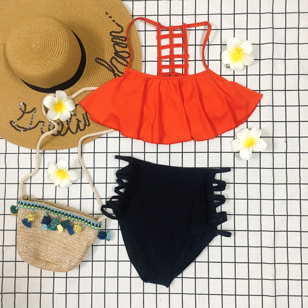 [HÀNG ĐẸP + NHIỀU MÀU] Bikini, 2 mảnh áo bèo cá mix quần lưng cao đan dây cá tính