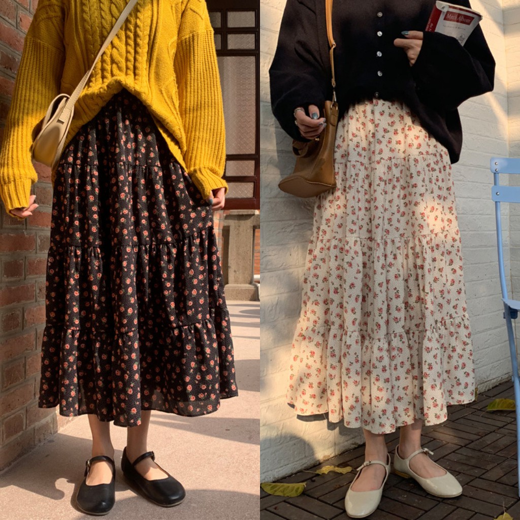 Chân váy hoa nhí dài, chân váy midi hoa nhí ba tầng xòe ulzzang - CV02FG