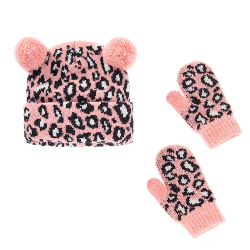 Bộ Găng Tay Và Mũ Len Jacquard In Họa Tiết Da Báo / Hổ Đính Hai Quả Bông Thời Trang Thu Đông Cho Bé