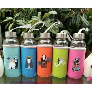 Bình nước vô diện thuỷ tinh có dây xách BNVI18 chai nước hoạt hình bọc vải cute dễ thương 350ml
