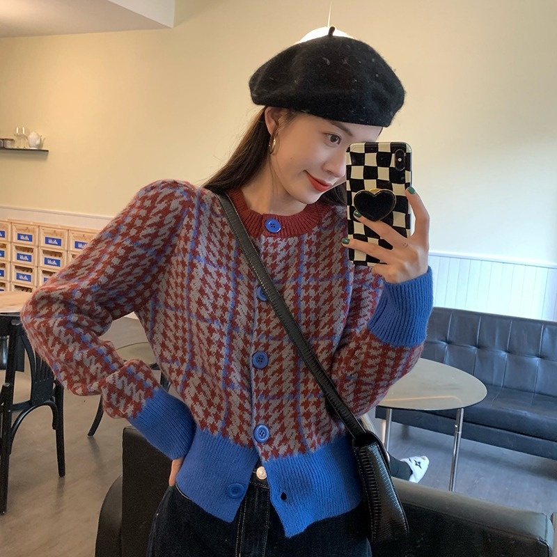 Áo cardigan dệt kim ZHELIHANGFEI tay phồng dáng rộng lưng cao thời trang cho nữ