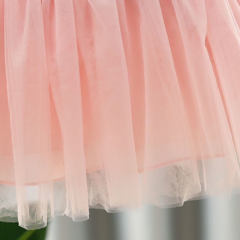 Đầm lưới   tay ngắn cổ búp bê thắt nơ eo thêu họa tiết xinh xắn dành cho bé gái 0-4 tuổi