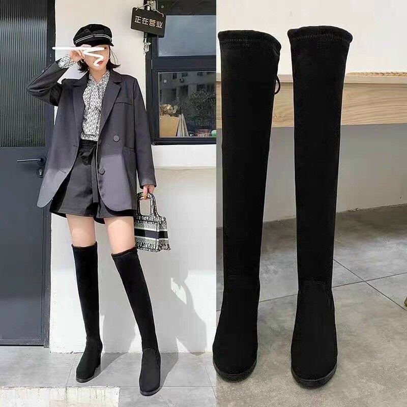 boots đùi da lộn gót vuông 7cm