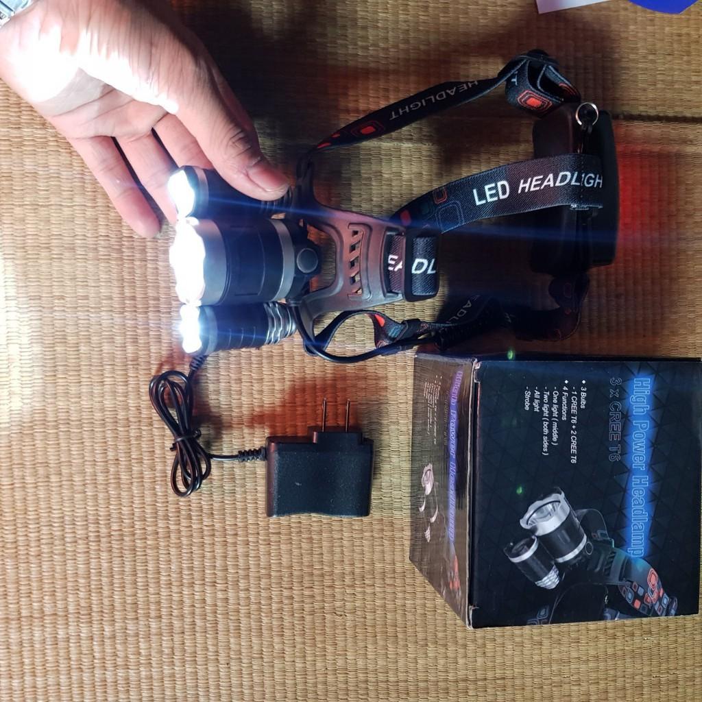 Đèn pin đội đầu siêu sáng 3 Bóng Led T6 - Tặng kèm pin và sạc