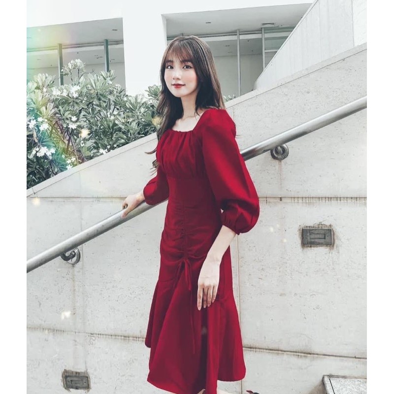 Đầm cổ vuông rút bèo tay dài | BigBuy360 - bigbuy360.vn