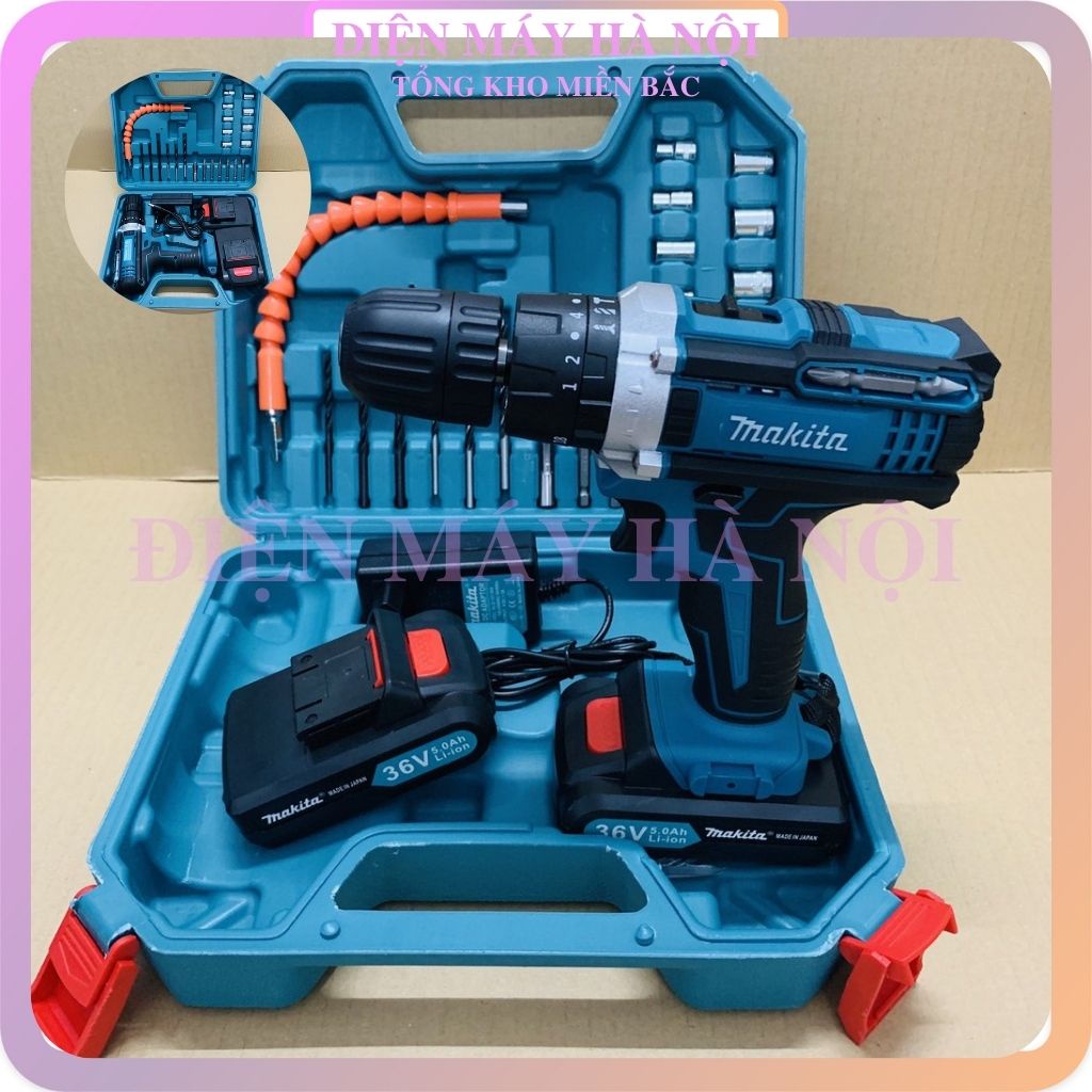 Máy khoan pin 36V Makita 3 chức năng pin 5Ah khoan bê tông  gỗ sắt ,Vít tôn tặng kèm theo 24 chi tiế