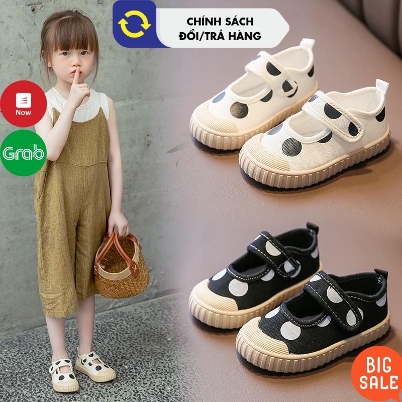 [Có sẵn] Giày vải cho bé gái họa tiết chấm bi dễ thương - Giày trẻ em gái đế mềm chống trượt 2023