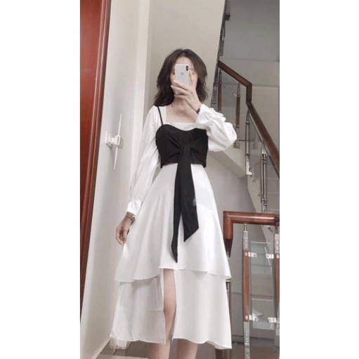 Váy Nữ Đầm Nữ Trắng Cổ Vuông Dáng Dài Lệch Tầng Tay Bồng Tiểu Thư Phong Cách Retro Lệch Tà/ Váy Đi Tiệc NinaStore | BigBuy360 - bigbuy360.vn