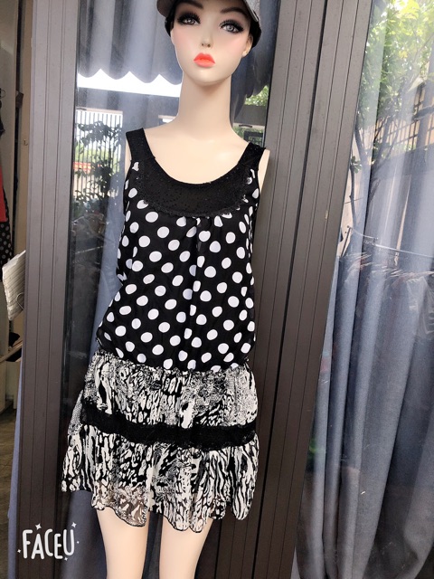 Đầm 2 dây họa tiết chấm bi combo